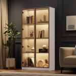 Soweiz White Glass Display Case with 16-Colour LED Lighting, Double Door Display Cabinet with Movable Shelves, 80 x 40 x 160 cm, Tall Cabinet for Living Room, Standing Display Cabinet