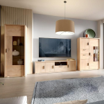Lomadox Wohnwand in Eiche, Wohnzimmerm&ouml;bel-Set 406 cm breit mit Vitrine, Highboard & Lowboard, Wohnm&ouml;bel Set 3-teilig