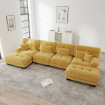 Modulares Ecksofa, U-f&ouml;rmiges Couch Set f&uuml;r Wohnzimmer, 4-Sitzer Komfortable Cloud Couches mit beweglichem Ottoman, DIY-Kombinatsioon, Gelb Chenille