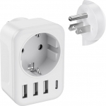HITRENDS USA reisiadapter, 6-in-1 reisiadapteri pistikupesa 3 USB-pordi ja 3 USB-C pordiga, valge (250V/15A)