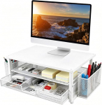 Monitorst&auml;nder, Monitor Erh&ouml;hung Schreibtisch mit Schublade und Stifthaltern, 2-stufiger ergonomischer Schreibtischorganizer, stabiler Desktop-St&auml;nder f&uuml;r Laptop, PC, Drucker, Scanner (Wei&szlig;)