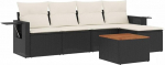6-TLG. Gartensofa-Set Schwarz Poly Rattan 110 kg belastbar Akazienholztisch klappbare Ablagen Cremewei&szlig;e waschbare Kissen modular f&uuml;r Terrasse Balkon und Innenhof