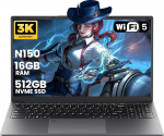 16 Zoll 3K s&uuml;learvuti, 512GB NVMe SSD, 16GB RAM, 4-Core N150(Beat N95 N5095) 3.6GHz, s&otilde;rmej&auml;lg, QWERTY taustavalgustusega KB, veebikaamera, HDMI, USB-C, RJ45, 6000mAh f&uuml;r Business und Studenten, Grau