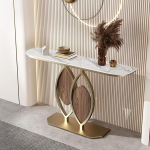 Schlanker Goldener Konsolentisch, moderner Eingangstisch mit Stauraum, geometrischer Sofatisch aus Metall f&uuml;r Flur und Wohnzimmer - 100 cm schmales Design