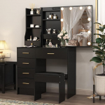 Puselo Dressing Table with Lighting, Mirror & Stool - Black Cosmetic Table with 6 Drawers & 6 Shelves, Modern Dressing Table for Bedroom 80 x 36 x 130 cm PE28