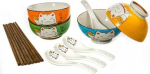 lachineuse - Set of 4 Maneki Neko Cat Bowls - 4 Bowls, 4 Pairs Chopsticks & 4 Spoons - Cereal Bowls, Rice Bowls, Soup Bowls - Japanese Tableware - Japan China - Tableware Gift Set Decoration