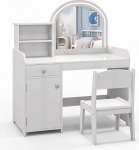 DREAMADE 2-in-1 Children's Dressing Table with Stool and LED Mirror, Princess Dressing Table with Drawer & Shelf & Cabinet, Children's Makeup Cosmetic Table, Children's Wooden Makeup Table for Girls