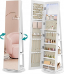 SONGMICS JJC007W02 Ehtekapp raamita t&auml;ispeegliga, 3 riiulit, 360&deg; p&ouml;&ouml;ratav, lukustatav, valge viimistlus, hallikas vooderdus.