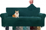 CHELZEN Velvet Couch Covers, 3-Seater Thick Stretch Sofa Covers for Dogs, Pets, Non-Slip Sofa Slipcover, Washable Furniture Protection for Living Room (3 Seater, Black Green)