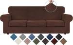 WEERRW Pack of 4 Velvet High Stretch Couch Covers for 3 Cushions, Couch, Sofa Slipcovers, Washable Furniture Protector with Non-Slip Elastic Bottom, Soft and Thick Plush Fabric, Chocolate, Large