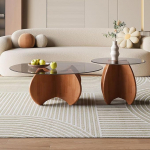 BK&MF Modernne lihtne &uuml;mmargune kohvilaud 2-st komplektist, karastatud klaasist k&uuml;lgmine lauake, luksuslik puidust raamiga kesklaud elutuppa, magamistuppa, A, 70 + 50 cm