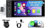 4+64G Android 15 Autoradio 1 DIN juhtmevaba CarPlay ja Android autoga, 6-tolline autoekraan toetab Bluetooth, Mirror Link FM/RDS WiFi 2 USB Type-C SWC, tagurduskaamera AHD