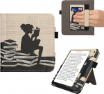 kwmobile Flip Cover &uuml;hilduv Kobo Kobo Libra Colour / Tolino Vision Colour - &uuml;mbris randmerihmaga lugemisega naine must beež