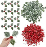 800 St&uuml;ck K&uuml;nstliche Stechpalmenbeeren Bl&auml;tter, 600 Strau&szlig; Roter Beeren Mit 200 gr&uuml;nen Bl&auml;ttern Ideal als Winterbeerenstrau&szlig; F&uuml;r Thanksgiving Weihnachtsbaumschmuck Und DIY Bastelarbeiten.