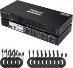 TESmart USB 3.0 4 Port Triple Monitor HDMI KVM Switch 4K@60Hz KVM Switch 3 monitori 4 arvutit 3 USB 3.0 porti, Audio Out, EDID emulaator, Hotkey, LAN port, 4 in 3 Out KVM koos kaablitega