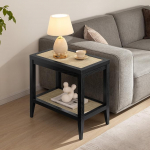 SICOTAS Rattan Bedside Table - Farmhouse Boho Narrow Accent Side Table with 2 Open Rattan Shelves for Bedroom, Living Room, Small Rooms - Black Oak