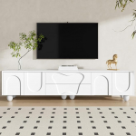 180 cm TV Lowboard 4 ukse ja 2 sahtliga, TV kapp puidust jalgadega, TV kapp paljude panipaikadega elutuppa, TV laud, valge