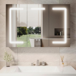 Vannitoa peegelkapp 900 x 600 x 125 mm Vannitoa peegelkapp koos valgustusega Kolmeukseline peegelkapp MDF-ist Vannitoa rippkapp koos uduvastase ja pistikupesa puutetundliku l&uuml;litiga Maroko