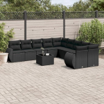10-teiliges Gartensofa Set Schwarz Poly Rattan mit Kissen als Garten-Sofagarnitur