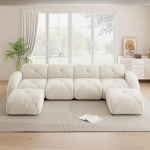 U-f&ouml;rmiges Modulsofa, rahmenloses Sofa, 4-Sitzer-Kombineeritud diivan, inklusive 2 Hockern, geeignet f&uuml;r das Wohnzimmer, bequemer Stoff, rutschfestes Design, Wei&szlig;, Keine Montage erforderlich