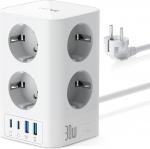 VEFVE mitmikpistikupesa USB C 30 W kiirlaadimisega, 8-tee pistikupesa torn 4 USB-ga, vooluv&otilde;rk l&uuml;litiga, 5 m kaabel, 4000 W 16 A, kontorisse, koju, m&auml;ngude jaoks