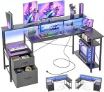 BEXEVUE L-kujuline t&ouml;&ouml;laud LED pistikupesadega, 150 cm, kaasaegne nurgapult, 2 sahtlit, p&ouml;&ouml;ratavad riiulid, suur monitori alus, nurgas m&auml;ngulaud, &otilde;ppimine, t&ouml;&ouml;, kodu, magamistuba