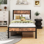 HOMERECOMMEND Metallist voodi 90 x 200 cm voodiraam lamelliraamiga, puidust pea- ja jalalaudadega Raske metallist platvormvoodiraam Voodiraam 90 x 200 cm, must + pruun
