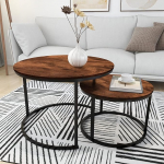 HOMERECOMMEND Round Modern Nesting Side Table for Living Room, Balcony, Garden, etc Round Wooden Coffee Table with Solid Powder Coated Metal Frame, Rustic Brown/Black
