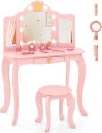 DREAMADE Children's Dressing Table with Stool and Drawer, Princess Dressing Table Cosmetic Table with Removable Mirror & Tilt Protection, Children's Dressing Table for Girls Made of Wood (Pink-with