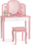 DREAMADE Children's Dressing Table with Stool and Removable Mirror, Princess Dressing Table, Cosmetic Table, Children's Make-Up Table with Pine Wood Legs for Children Girls (Pink)