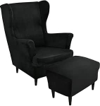 Highdi 2-osaline Velvet Wing Chair Cover koos Ottomani kaitsva kattega, tugitooli visked, Wing Chair kaitsvad katted, Stretch Tiger Chair Cover koos k&auml;etoega, k&otilde;rge seljatoega (must)