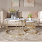 2 &uuml;mmargune kaasaegne marmorist l&auml;ikiv kohvilaud elutuppa, vastuv&otilde;tule, r&otilde;dule ja kontorisse, metallkonstruktsioon, unikaalne kuju, kuldne ja valge.