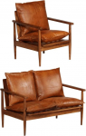 2-TLG. Sofagarnitur Braun Echtleder und Massivholz Akazie Echtleder Sofagarnitur mit Vintage-Charme, Akazienholz Sofa f&uuml;r Wohnzimmer
