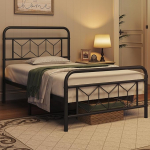 Yaheetech Bed Frame 90 x 190 cm, Vintage Metal Bed Frame with High Headboard, Modern Minimalist Single Bed with Slatted Frame & Under Bed Storage Space, Guest Bed for Bedroom, Black