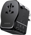 UGREEN 65 W reisiadapter kogu maailmas USB-C-ga - universaalne adapter &uuml;le 200 riigi 4-in-1 pistikutega (EL/UK/USA/AU), 4 pesa, kompaktne ja turvaline - ideaalne &auml;rireiside ja puhkuste jaoks.