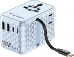 Verbatim GaN reisiadapter 100 W sinise pistikupesa adapter integreeritud kaabliga ja 2 x USB-C, 2 x USB-A, 2 x USA/JP &uuml;hendus, universaalne kiirlaadija Macbookile, s&uuml;learvutile, iPhone 17, &uuml;lemaailmne kasutamine
