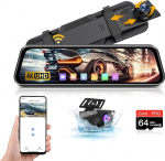 4K tagurduskaamera peegel, WiFi: 10-tolline IPS puuteekraan Dashcam auto ees tagant 64G SD kaardiga peegel Dash Cam koos tagurduskaameraga koos parkimisabiga WDR C-t&uuml;&uuml;pi &uuml;hendus G-sensor Loop salvestamine