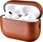 Nahast &uuml;mbris AirPods Pro 3 2025, ICARER Premium ehtne nahk Shockproof kaitsev &uuml;mbris Apple AirPods Pro 3 k&otilde;rvaklappide &uuml;mbris Cover Shell (LED n&auml;htav) Support Wireless Charger Brown