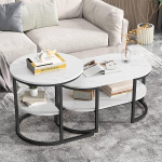 BursDany Coffee Table, Set of 2, Couch Side Table, Marble Look with Metal Frame and Shelf, Living Room Table, Modern Sofa Table for Living Room, Bedroom (Black Oval)