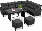 Yaheetech Polyrattan Lounge koos nurgadiivaniga, s&ouml;&ouml;gilaud, 2 jalatsi ja padjad kuni 7 inimesele, ilmastikukindel aiam&ouml;&ouml;blikomplekt, rotangist istumiskomplekt, aiasaal, s&ouml;&ouml;gikomplekt aeda, r&otilde;dule, terrassile, must ja hall