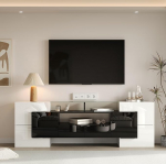 Stiilne TV kabinet madal paneel k&otilde;rge l&auml;ikega valge ja must 200cm LED valgustus elutoa m&ouml;&ouml;bel kaasaegne disain elegantne klaasist viimistlus