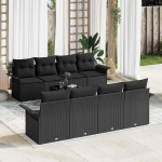 Modulares Outdoor-Sofa Gartensofa-Set 9-teilig mit Kissen und Glastisch in Schwarz und Creme aus Poly-Rattan