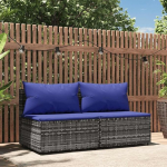 Garten-Mittelsofas mit Kissen 2 STK. Grau aus PE-Rattan, Outdoor-Sofa mit Polsterkissen f&uuml;r die Terrasse, Gartenm&ouml;bel aus Poly Rattan mit Stahlrahmen