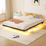 King Size voodiraam, h&otilde;ljuv voodiraam LED tuledega ja USB laadimisjaamaga, 150 x 200 cm, metallist platvorm, King voodiraam, madratsi alus, rasked metallliistud, m&uuml;ravaba