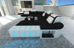 Bellagio diivan XXL Living Landscape kangast diivan U-kujuline - LED-valgustusega, reguleeritavad peatuged, Chaise Longue / mikrokiud / valik orientatsioon (Ottomani paremal, must/valge C33)