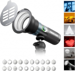 PHOTOOLEX LED-tulelatern fotograafia jaoks, 8400 mAh alumiiniumisulamist muster &uuml;mbritsev valgus, 4 v&auml;rvi t&auml;itevalgus 20 magnetilise mustriga Gobos, 10 W stuudiovalgus, ideaalne foto, video, sisu loomine