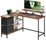 VASAGLE L-kujuline t&ouml;&ouml;laud, 2 ruumilist sahtlit, arvutilaua koos monitori alusega, nurgalaua, m&auml;ngulaud reguleeritava riiuliga, 135 x 105 cm, Vintage Brown LWD098B01