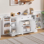 Azkoeesy k&ouml;&ouml;gikapp 138 x 40 x 85 cm, multifunktsionaalne k&ouml;&ouml;gibuffet riiulitega, reguleeritavad riiulid, 4 ust ja sahtlit, k&ouml;&ouml;ki, elutuppa ja magamistuppa, valge v&auml;rviga