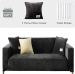 Velvet Sofa Cover 2 Seater - Soft High Stretch Non-Slip Couch Cover Sofa Protection, Plush Sofa Protective Covers with 1 Cushion Cover for Living Room (Dark Grey, 2 Seater for 140-170 cm)