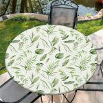 &Uuml;mmargune elastse lindiga laudlina v&auml;ljas, l&auml;bim&otilde;&otilde;t 44 tolli (110 cm), elastne aiakattekate roheliste lehtedega, sobib 95-105 cm laiustele laudadele.